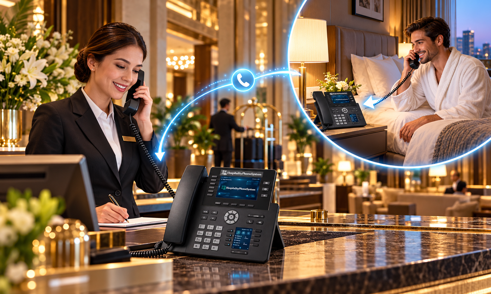 Hotel reception providing guest telephone assistance